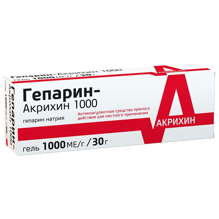 Гепарин-Акрихин 1000, 1000 МЕ/г, гель для наружного применения, 30 г, 1 шт.