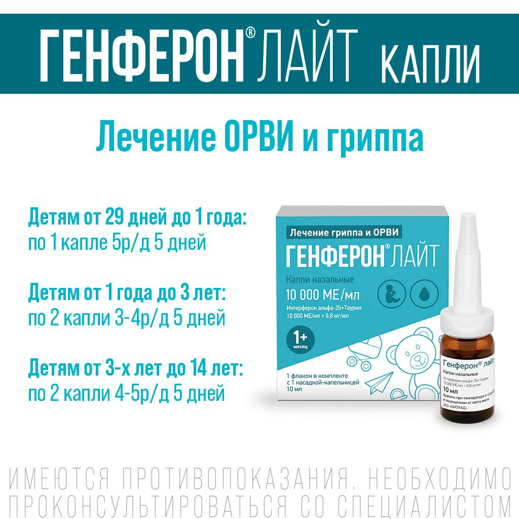 Генферон Лайт (капли в нос), 10000 МЕ+0.8 мг/мл, капли назальные, 10 мл, 1 шт.