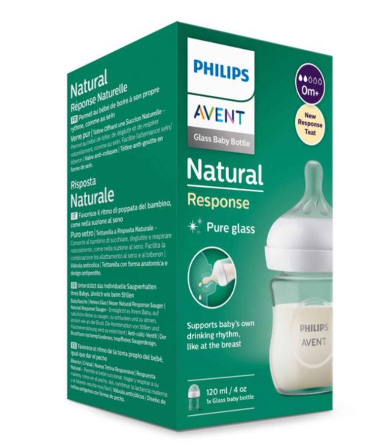 фото упаковки Philips Avent Anti-colic Бутылочка из стекла Natural Response, 0+, SCY930/01, бутылочка для кормления, медленный поток, 120 мл, 1 шт. фото упаковки Philips Avent Anti-colic Бутылочка из стекла Natural Response
