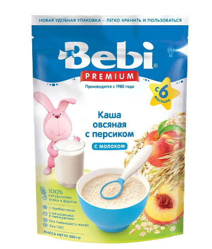 Bebi Premium Каша молочная овсяная с персиком, каша детская молочная, персик, 200 г, 1 шт.
